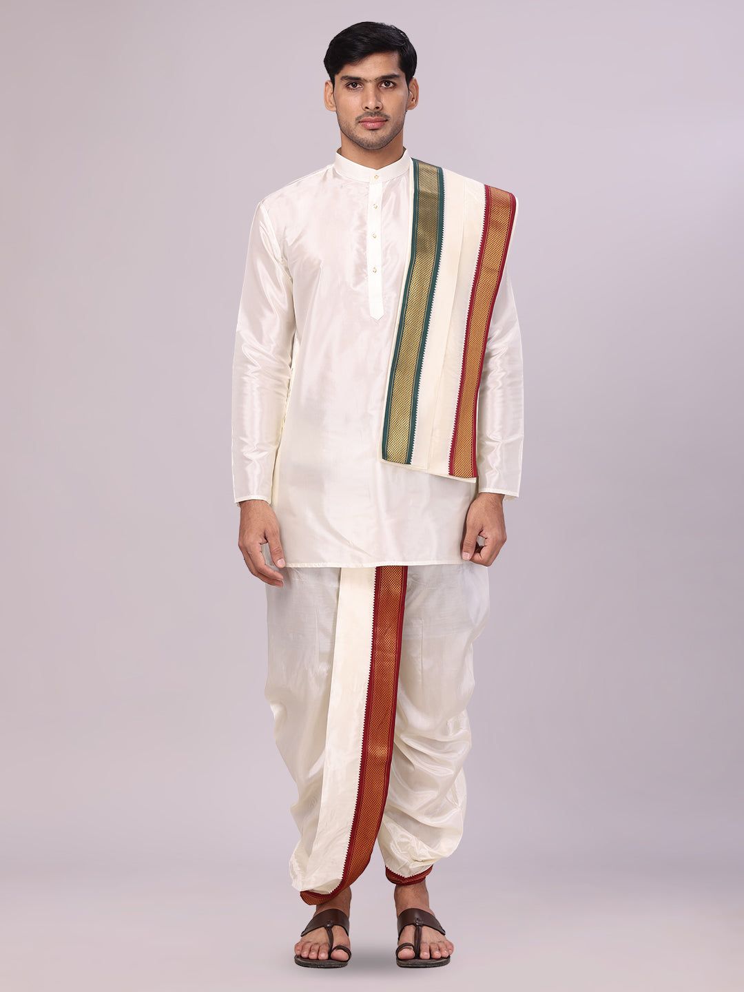 Mens Art Silk Cream Kurta Readymade Panchakacham Towel Mayilkhan Jari Border Combo Dhyanam-36 / F/S