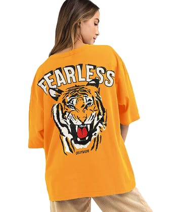Leotude Women Cotton Blend Printed Oversized Fit Round Neck T-Shirt ( Mustard )