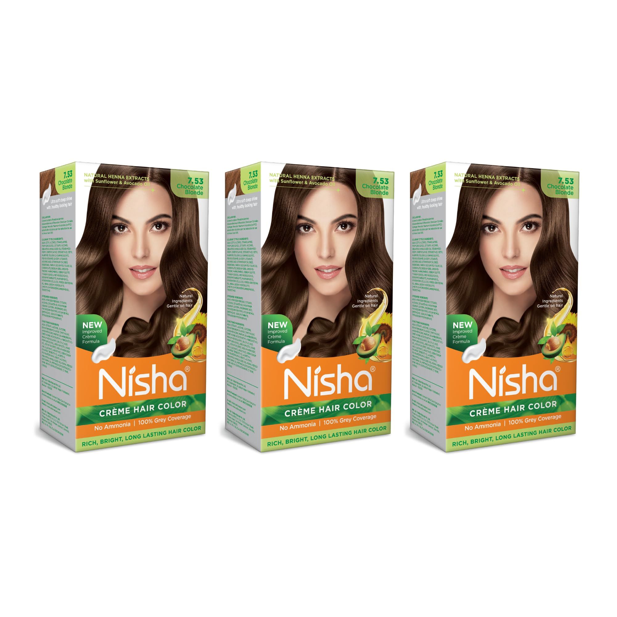 Nisha Creme Hair Color Chocolate Blonde, Permanent Hair Colour for Women Men, No Ammonia, Ultra Soft Deep Shine, 100% Grey Coverage, 7.53 Chocolate Blonde Hair Colour 120gm Pack of 3 Nisha Creme Hair Color Chocolate Blonde, Permanent Hair Colour for Wome