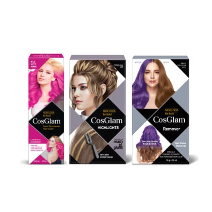 COSGLAM Combo Pack, Semi Permanent Hair Color Hot Pink 120g, Hair Highlighter Kit 115g & Hair Color Remover 70ml