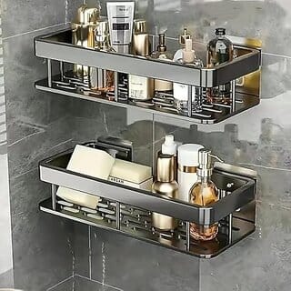 (Pack of 2) Shower Caddy Corner Shower Organizer With Soap Holder Stainless Steel Shelf 5 in 1 Self Adhesive Shelf Organizer Combo/Metal Racks and Shelves for Wall/Stand