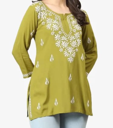 Lucknowi Chikankari Machine Embroidery Cotton Rayon Fabric Olive Green Short Kurti