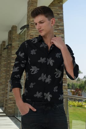 Aiden - Floral Printed Shirt - Black-S-38 / BLACK