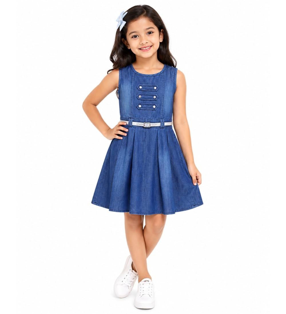 Girl's Denim Embellished Sleeveless Dress with Belt (Blue, 3-4-Yrs)-PID66010