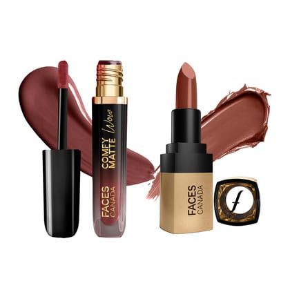 FACES CANADA Comfy Matte Wow Liquid Lipstick - Cocoa Crush 07 (3.8ml) & Comfy Matte Velvet Touch Lipstick - Cocoa Truffle 06 (4.2g)| One Swipe Application | Highly Pigmented |Hydrating Lips | Smooth Application FACES CANADA Comfy Matte Wow Liquid Lipstic