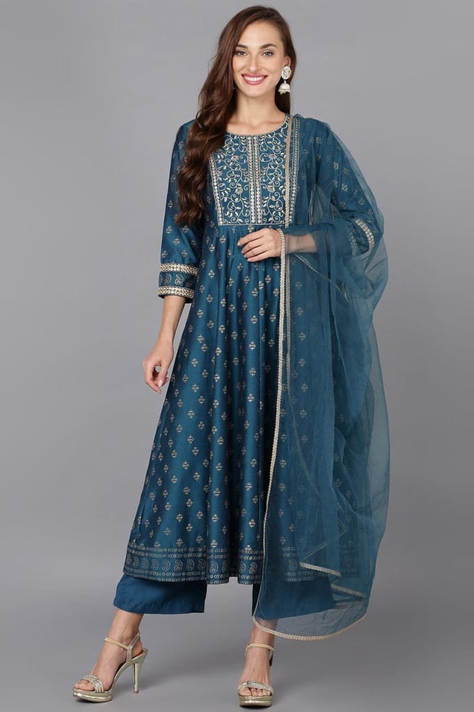 Blue Silk Blend Anarkali Kurta Pant With Dupatta PKSKD1775 - Kurtas & Kurta Sets | Buy online on ZillyBuy