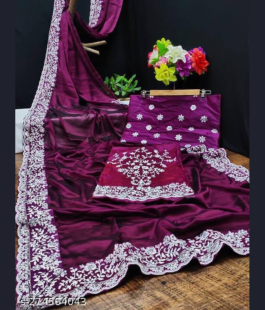 Shivadit ethnic Georgette Embroidered Saree With Unstitched Blouse Piece ( Purple )