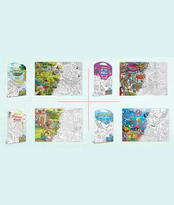 GIANT JUNGLE SAFARI COLOURING POSTER, GIANT AT THE MALL COLOURING POSTER, GIANT PRINCESS CASTLE COLOURING POSTER and GIANT UNDER THE OCEAN COLOURING POSTER | Combo pack of 4 Posters I value gift pack