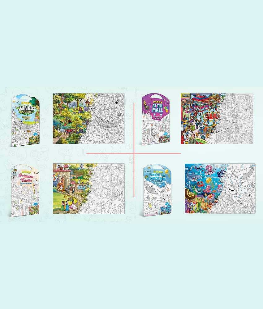 GIANT JUNGLE SAFARI COLOURING POSTER, GIANT AT THE MALL COLOURING POSTER, GIANT PRINCESS CASTLE COLOURING POSTER and GIANT UNDER THE OCEAN COLOURING POSTER | Combo pack of 4 Posters I value gift pack