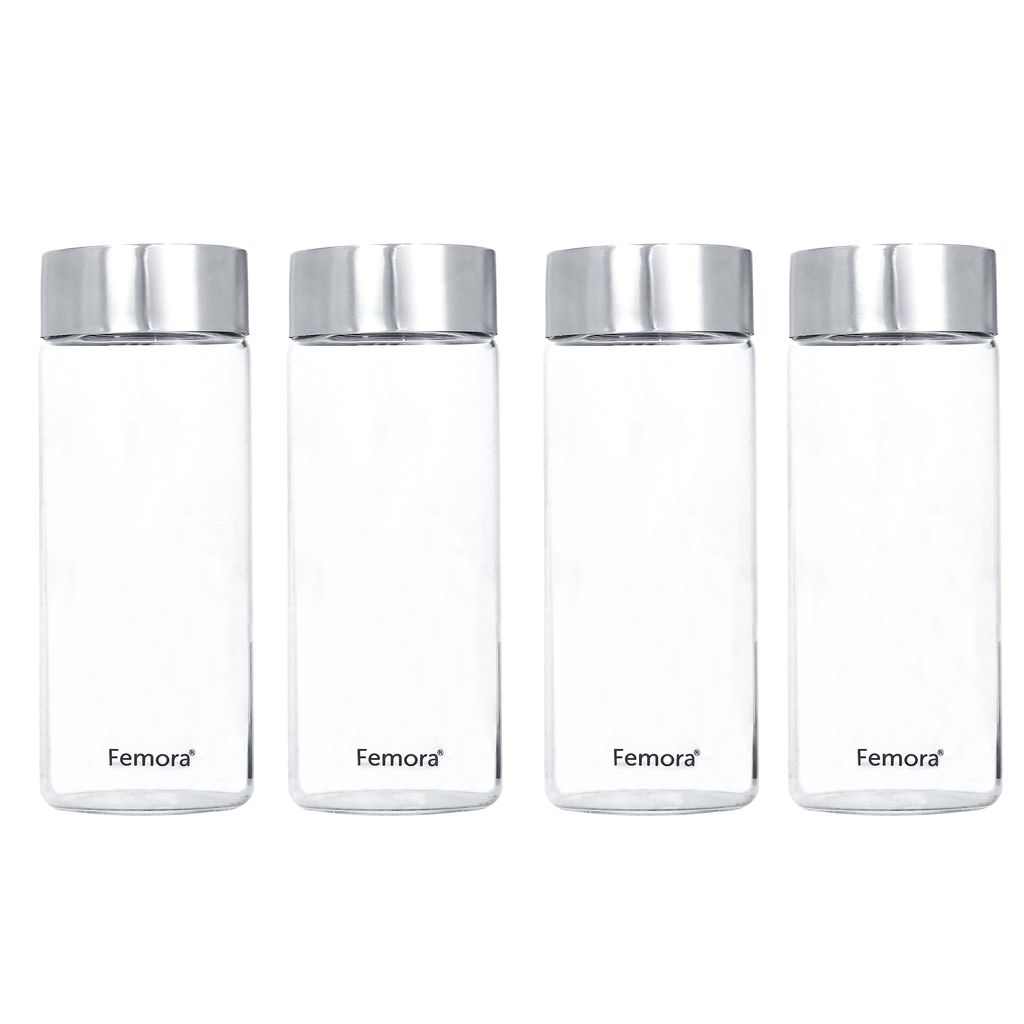 Femora Borosilicate Glass Water Bottle Durability and Elegance Combined, 500ML(4 Pc Set) (Steel Lid)