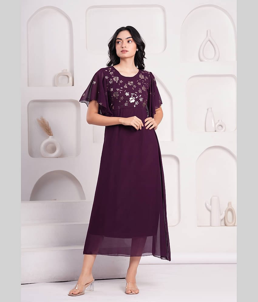 JAI SHIVAM TRADERS Women Georgette Printed Fit & Flare Dress ( Wine )