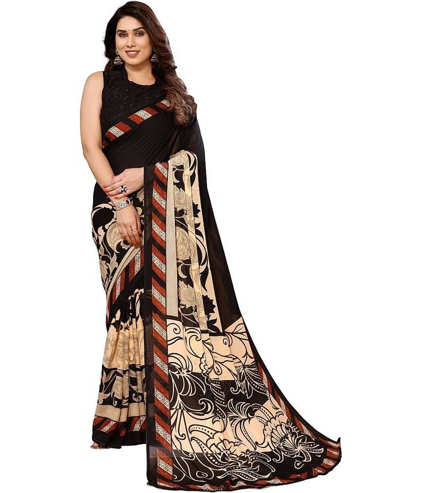 Anand Georgette Printed Saree With Unstitched Blouse Piece ( Black )