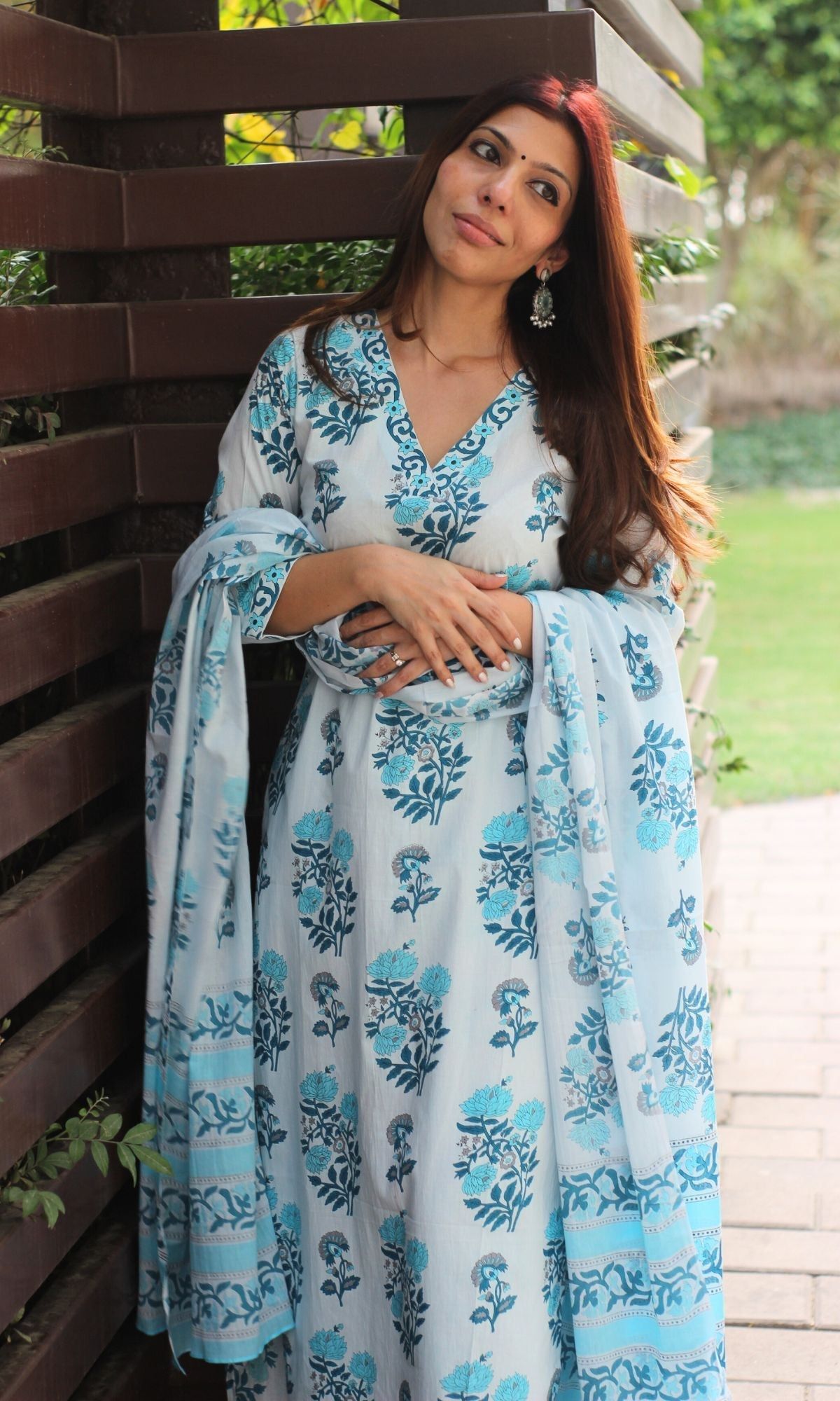 Cotton Sanganeri Powder Blue Suit Set with Cotton Printed Dupatta-XXS
