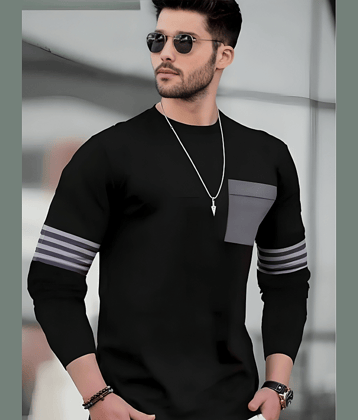 Garimaknitwear Cotton Blend Regular Fit Striped Full Sleeves Men's Round T-Shirt - Black ( Pack of 1 )
