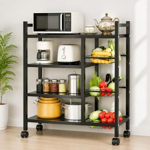COMFYHOME Kitchen Organizer Rack with Wheels - Adjustable 4 Tier Microwave Stand with 3 Wire Baskets, Oven