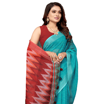 TheHangr Women's Linen Sky Blue Saree With Stripped Silver Border And Multicolor Zig-Zag Pallu
