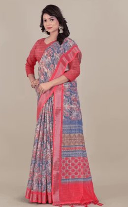 Fancy linen cotton digital printed saree with blouse