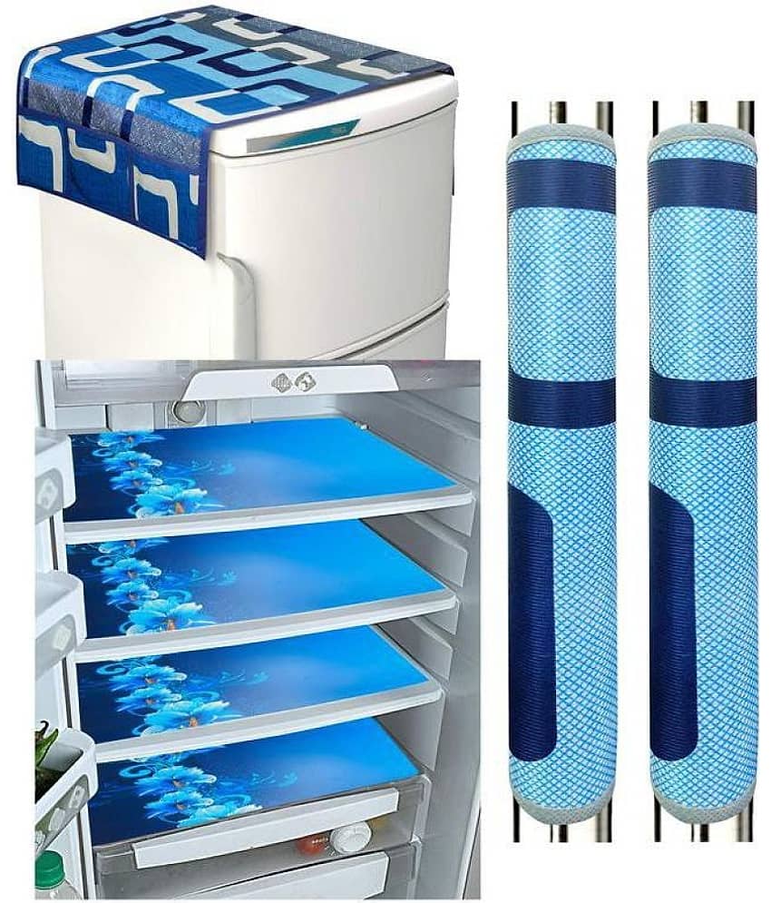 Crosmo Polyester Floral Printed Fridge Mat & Cover ( 64 18 ) Pack of 7 - Blue