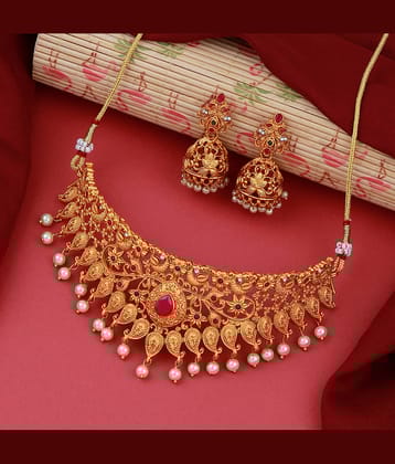 ShreejiHuf Alloy Golden Traditional Necklaces Set Choker