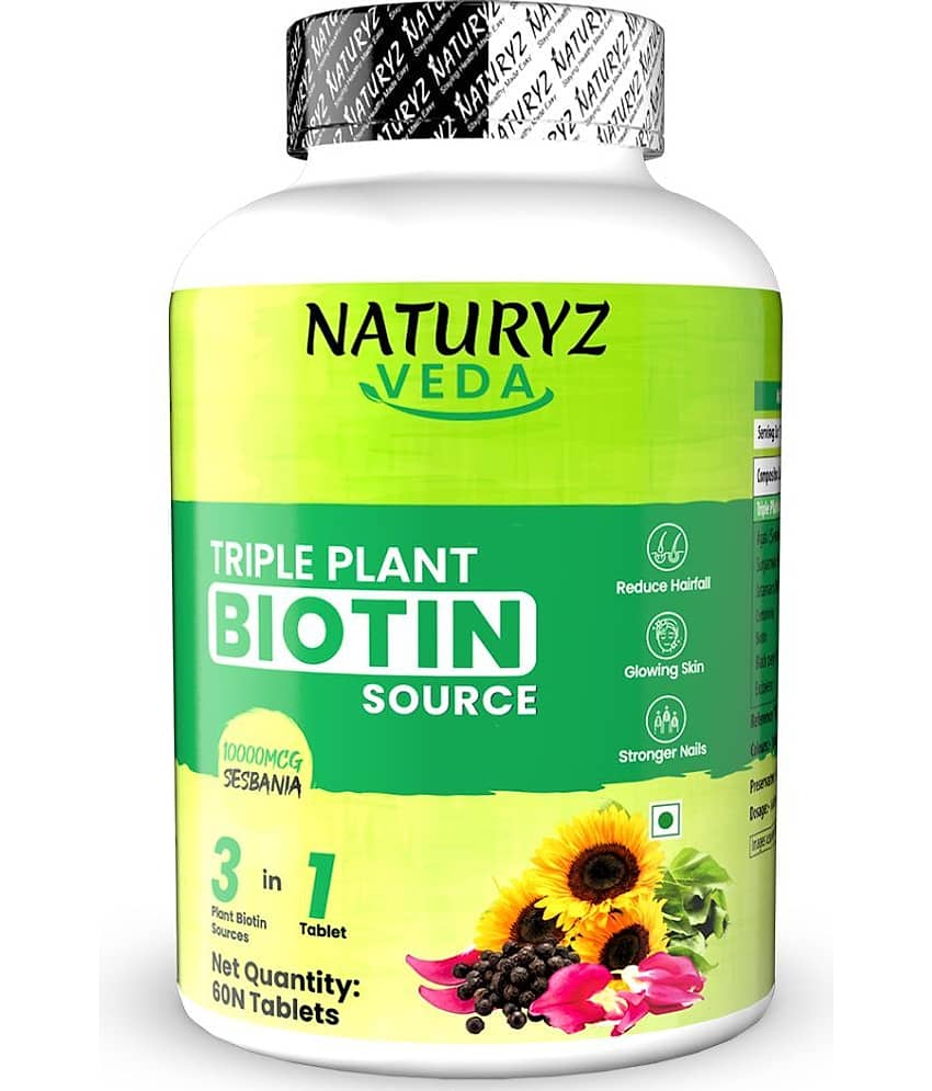 Naturyz Veda Triple Plant Natural Biotin Tablets 10000Mcg For Hair Growth, Skin & Nails - 60 Tablets
