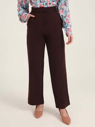 Women'S Luxury Banana Crepe Dark Choclate Straight Fit With Flap Pocket Trouser-30