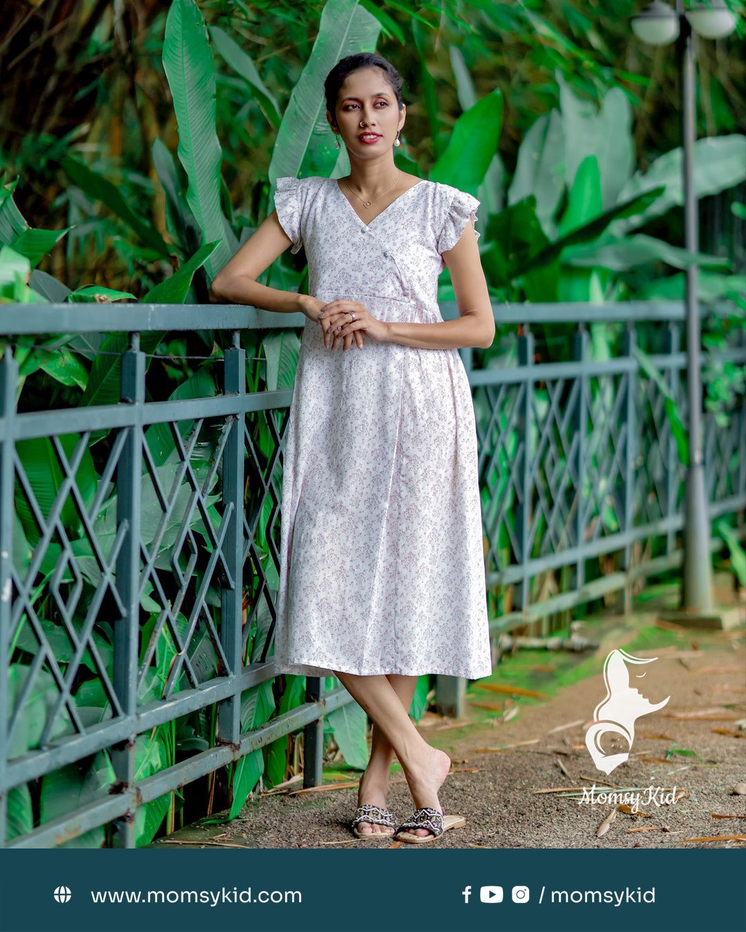 White Floral Print Midi Length Cotton Dress - Short Sleeve