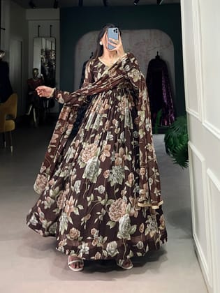 Brown Floral Printed Marble Gown with Lace Detailing & Dupatta-free-size