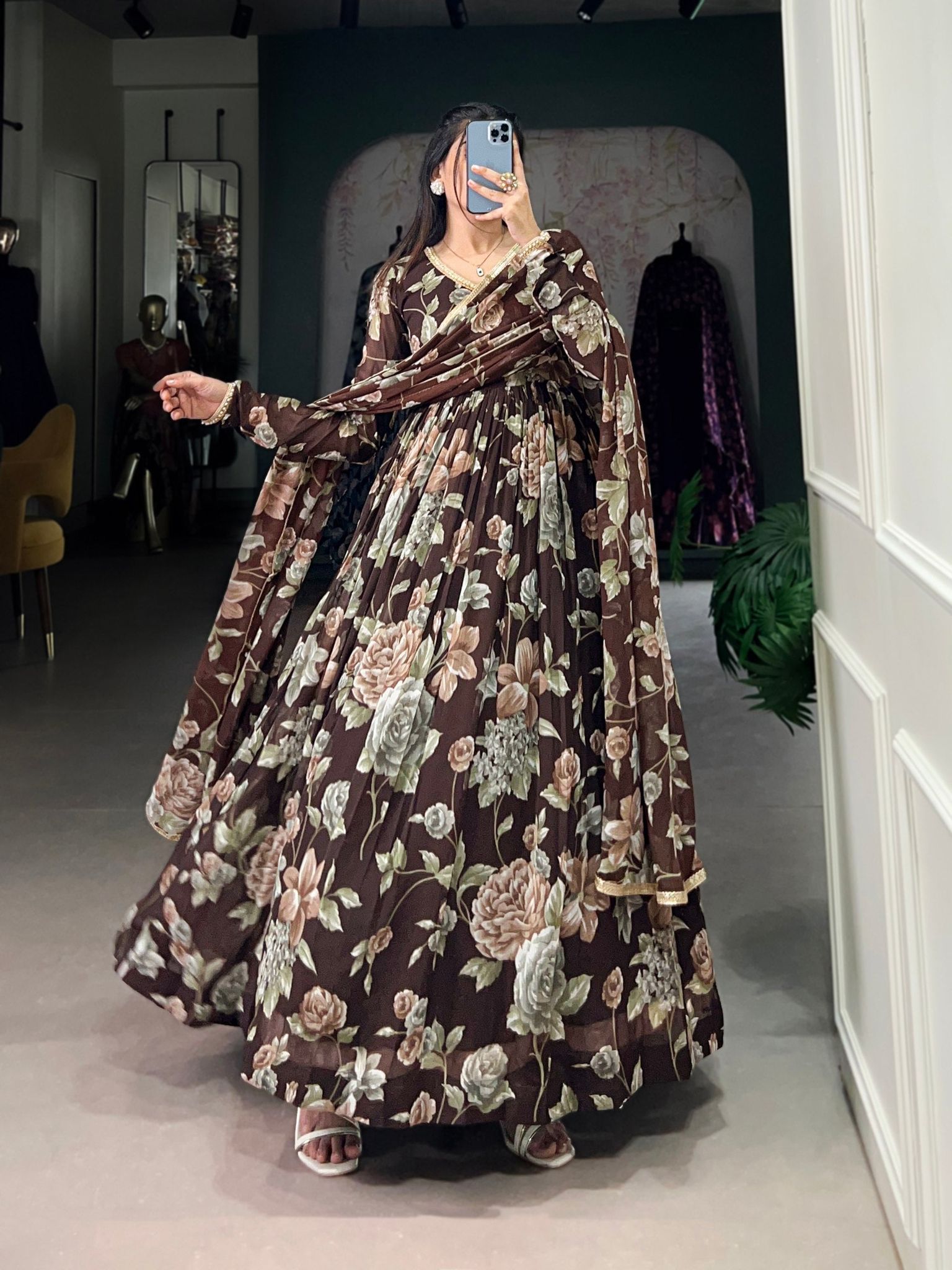 Brown Floral Printed Marble Gown with Lace Detailing & Dupatta-free-size