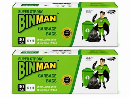 BINMAN Super Strong Garbage Bags on Roll with Detachable Thread | 30 Bags | 17 x 18 Inch | Heavy Duty Disposable Trash Bags for Home, Office & Commercial Use Pack of 2