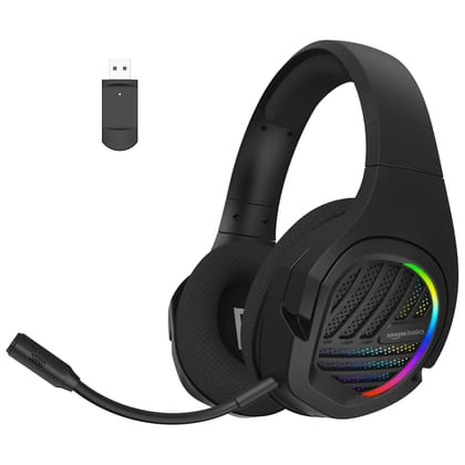 amazon basics Tri-Mode Wireless RGB Gaming Headphones with Detachable Mic,Volume Scroller,Microphone On/Off Button,Type-C Charging Jack, for PC and Laptop. (Black) Black / Medium