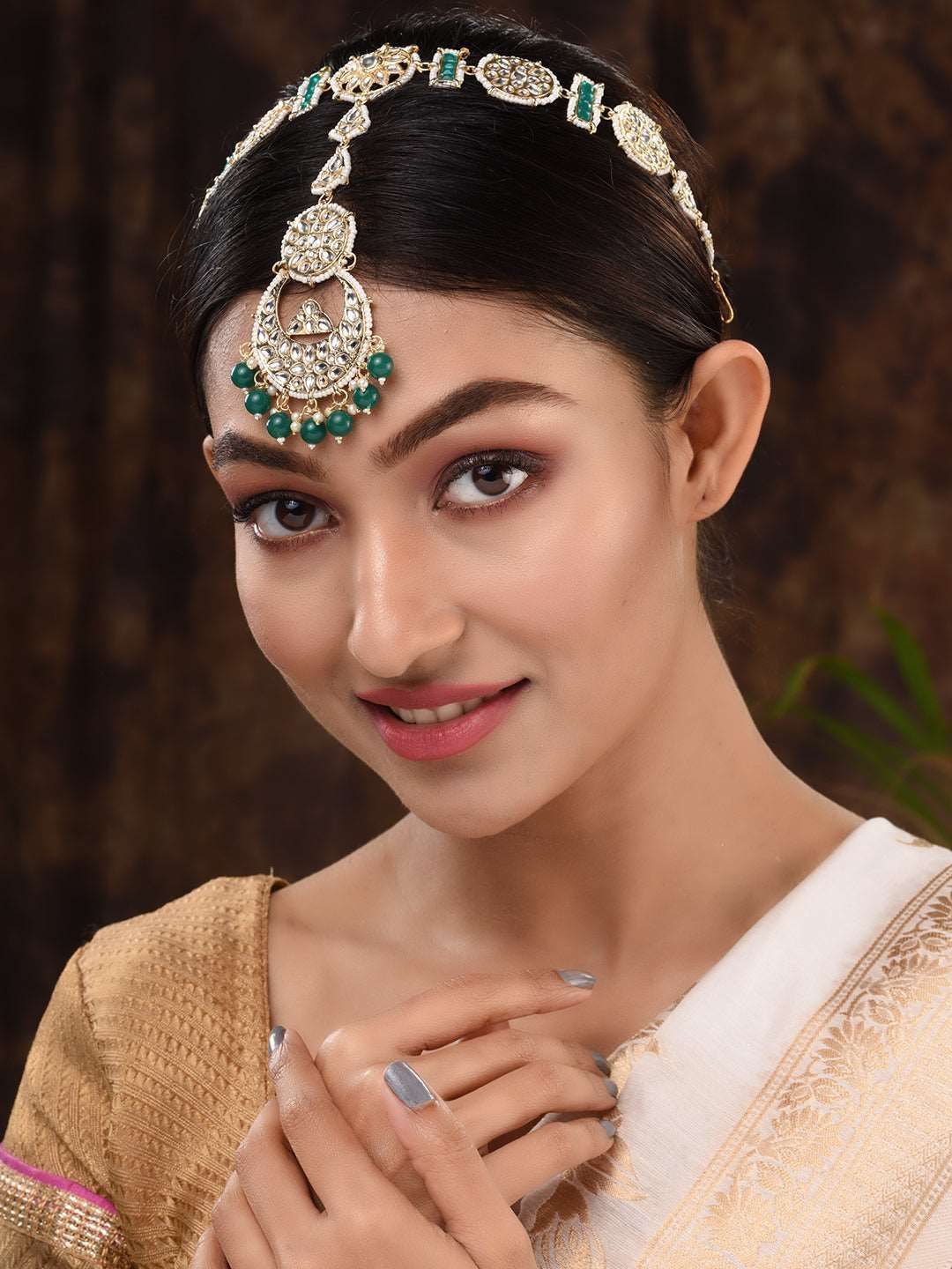 Gold Plated Kundan studded & Beaded Matha Patti