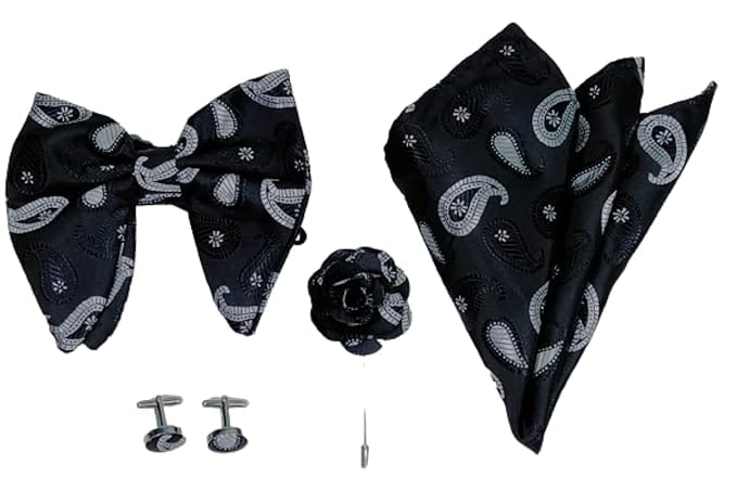 Voici Men's Bow Tie cufflink lapel pin and Powcket Square Combo Satin Microfiber Black grey Color Free Size - Balck and Gray