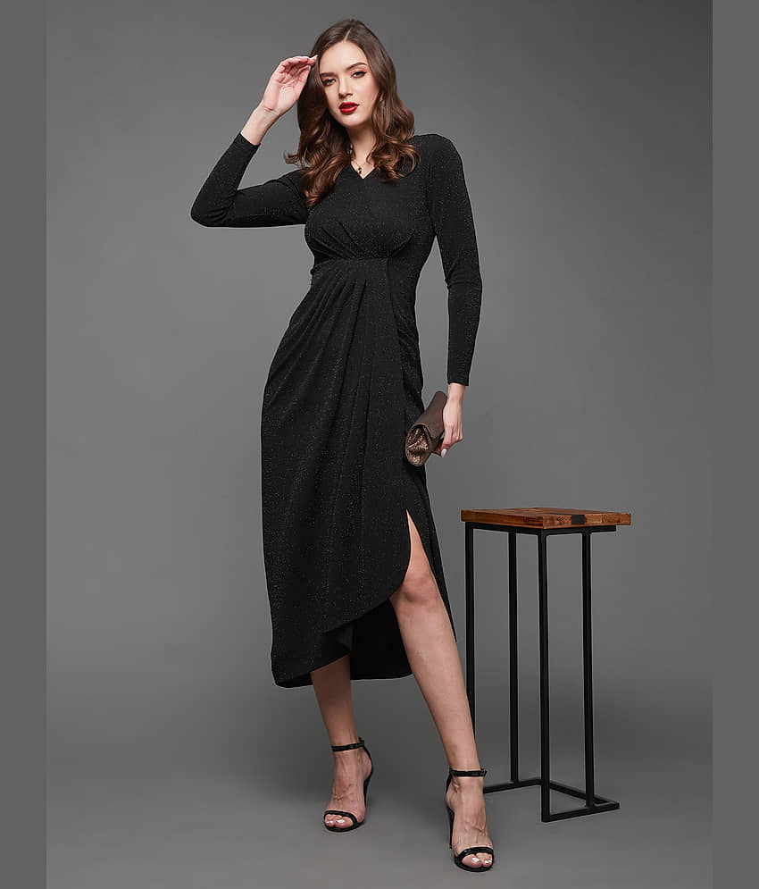 Miss Chase Women Polyester Self Design Wrap Dress ( Black )