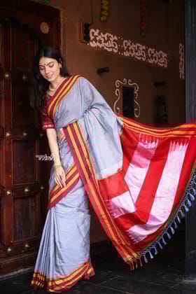 Handloom Cotton Viscose Ilkal Saree with Pure Resham Pallu - Micro Checks Grey with Red Border