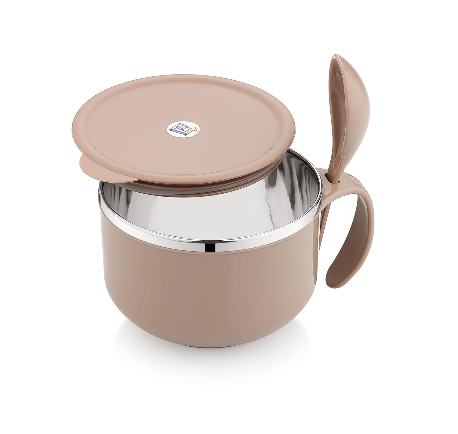 Ski Homeware Beige Soup, Noodles, Pasta, Snack Cup or Bowl With Steel Inner Surface, A Lid & A Deep Spoon