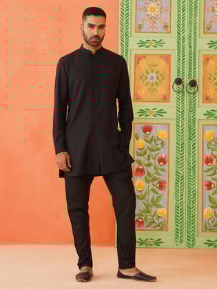 Black Cotton Front Open Kurta Set-XS/36 / Kurta Churidaar Set