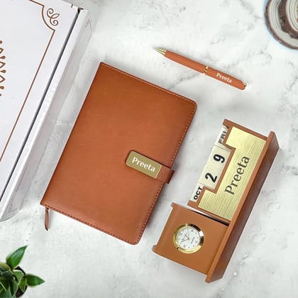 Personalized Gifts : Leather Diary, Pen & Desk Organizer Golden Set