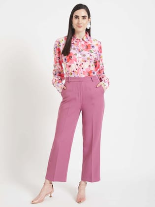 Premium American Crepe Digital Print Puff Sleeve Shirt Wth Rose Pink Straight Fit Trouser-M / 28