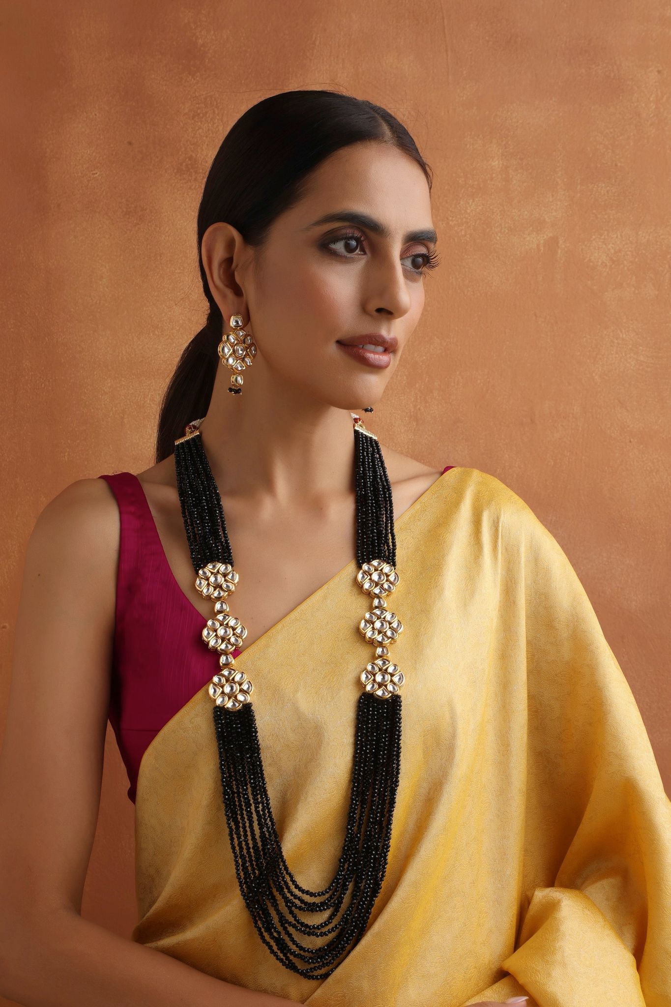 Mahanti Black Kundan Long Necklace Set-Kundan