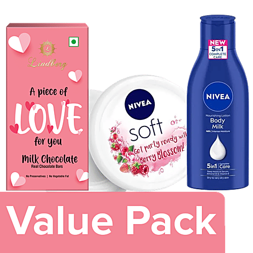 Nivea Valentine's Day Lindberg Chocolate & NIVEA Face & Body Care Gift Set, 3 item Combo