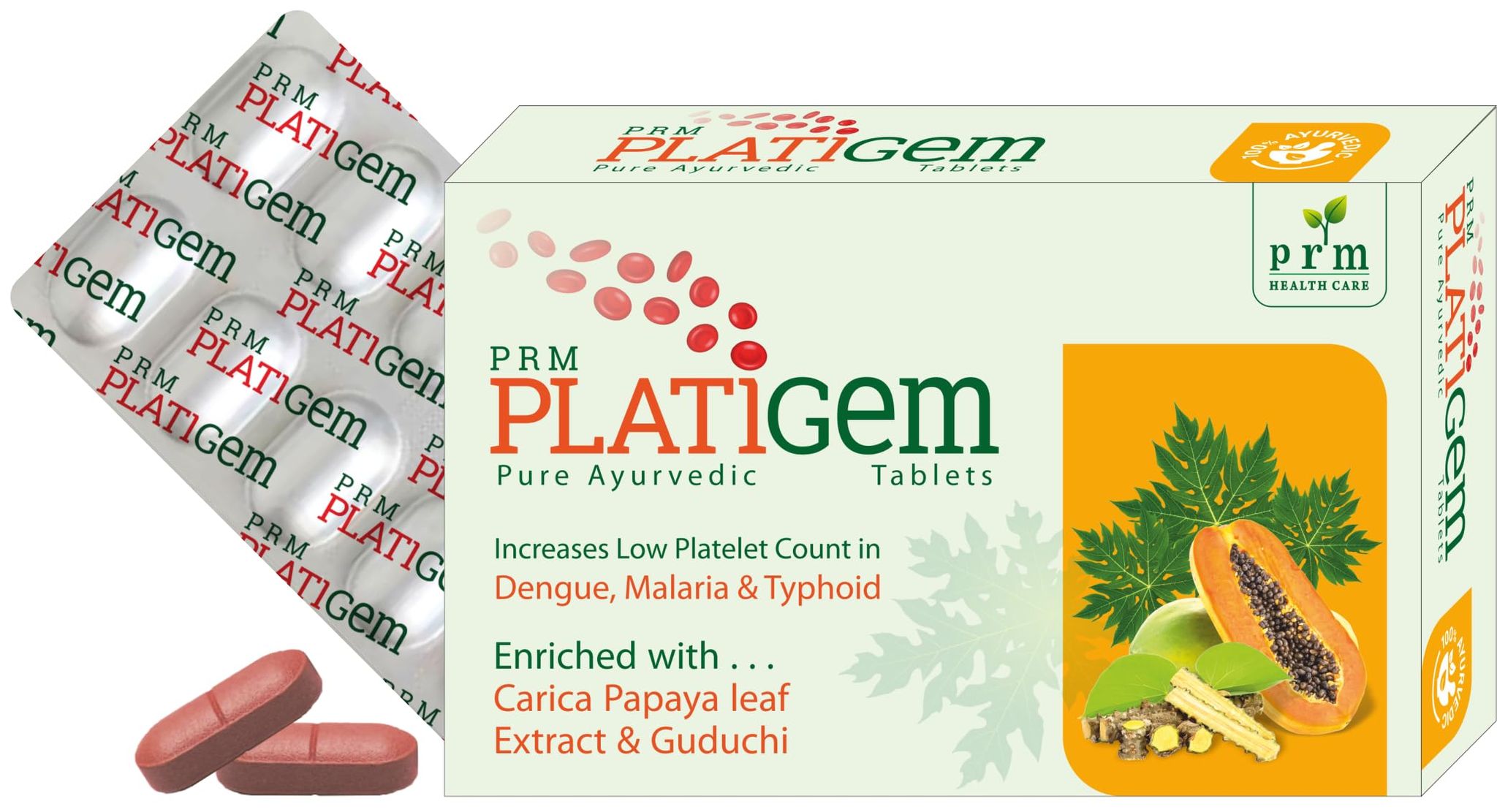 PRM Platigem Tablet Platelet Enhancer Enriched with Papaya leaf and Guduchi 30 tab (3 x 10 tablet)