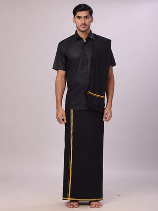 Men's Devotional Cotton Black Shirt with Small Assorted Border Dhoti & Towel Combo-36 / H/S