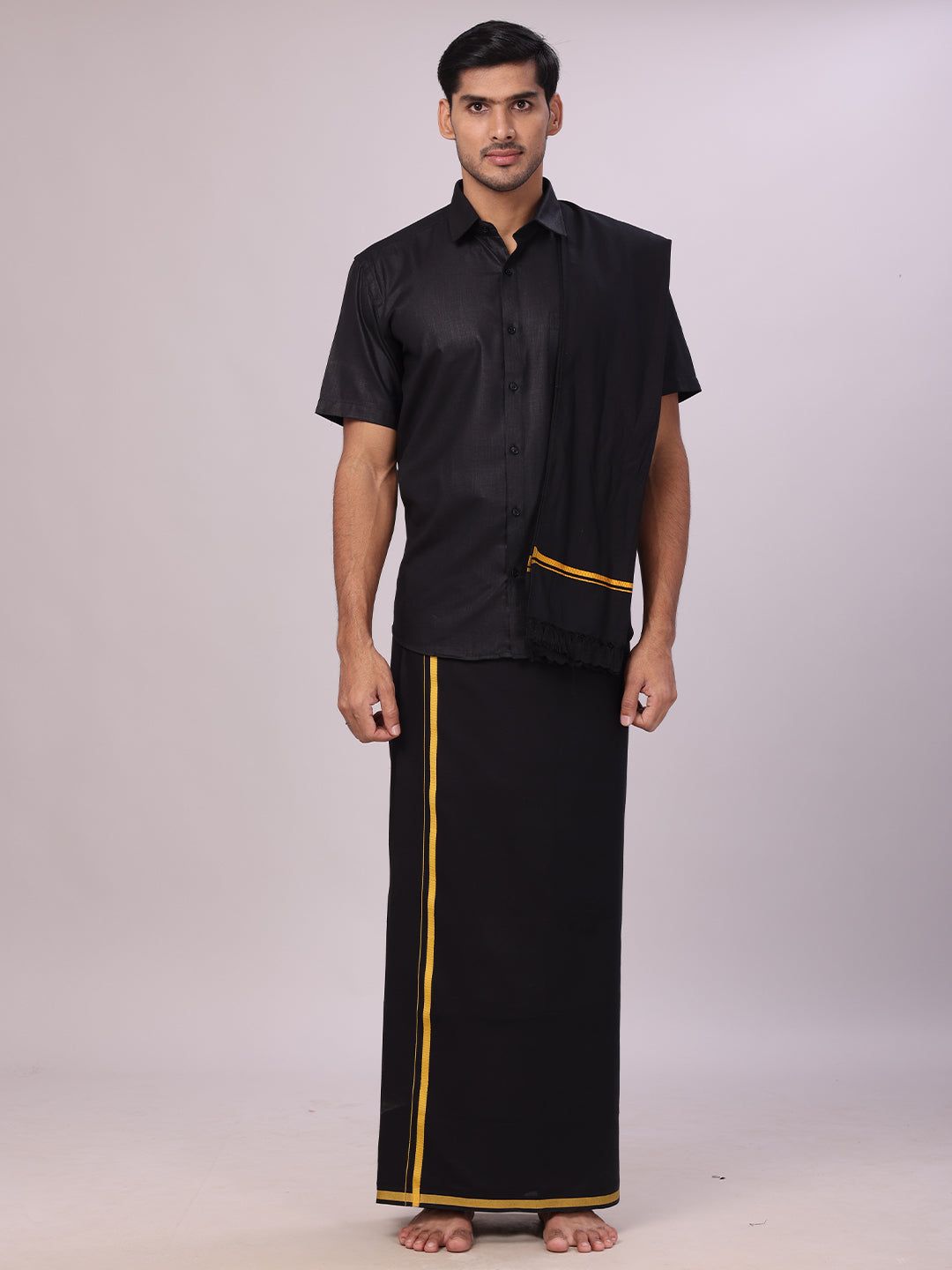 Men's Devotional Cotton Black Shirt with Small Assorted Border Dhoti & Towel Combo-36 / H/S