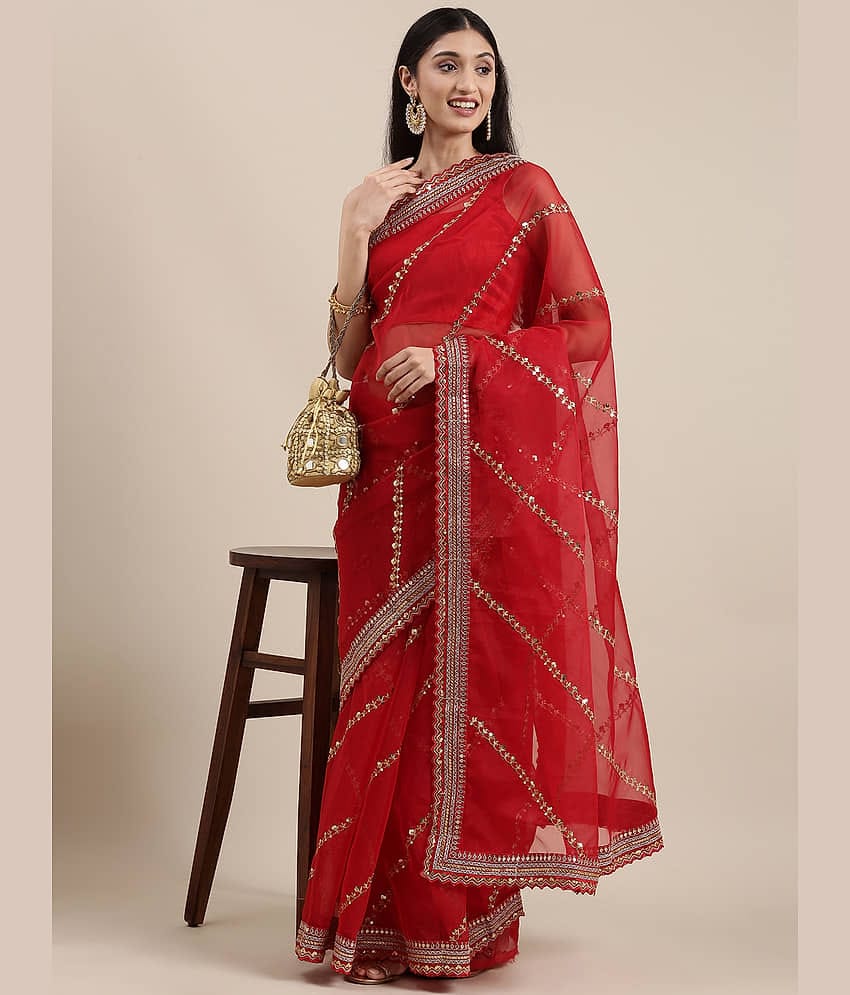 Rangtulika Ethnics Organza Woven Banarasi saree With Unstitched Blouse Piece ( Red )
