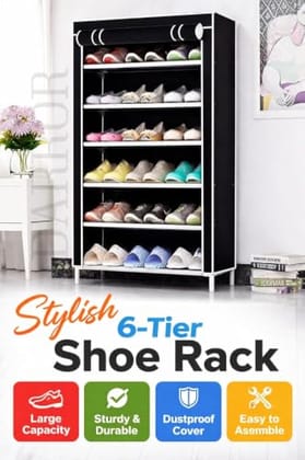 Plastic Multipurpose 6 Shelves Shoe Rack with Zip Door Cover & Side Pockets, Multiuse Storage Rack for