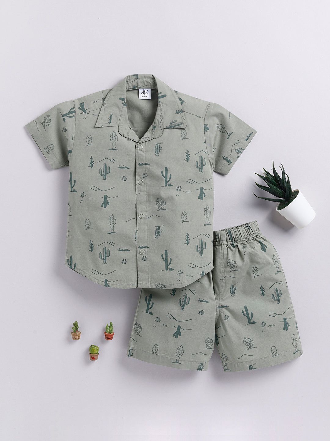 Green Cactus Print Half Sleeve Co-ord Set-6-9 m