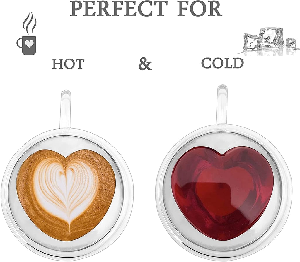 Heart Shaped Transparent Double Walled Insulated Glass Coffee Mugs or Tea Cups with Unique Handle (410 Ml)