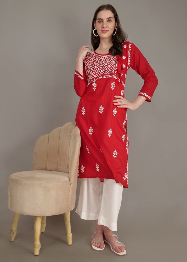 Pure Cotton Hand Embroided Lucknow Chikankar Angrakha Style Kurta - Red