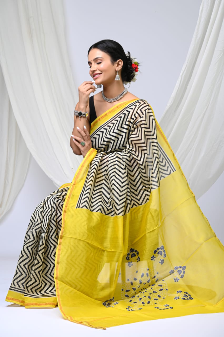 Hand block printed chanderi silk Sarees with blouse