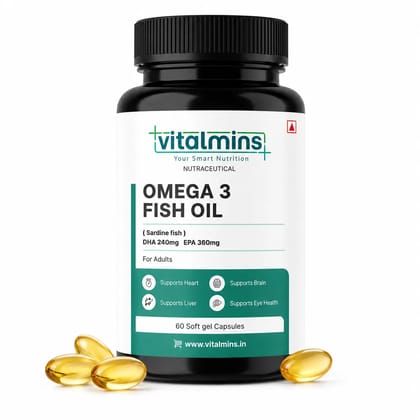 Vitalmins | Your Smart Nutrition | Omega 3 Fish Oil | Sardine Fish | DHA 240 MG I EPA 360 Mg | Supports Heart | Supports Brain | Supports Liver | Supports Eye Health | Nutraceutical for Adults | 60 Non-Veg Softgels Capsules